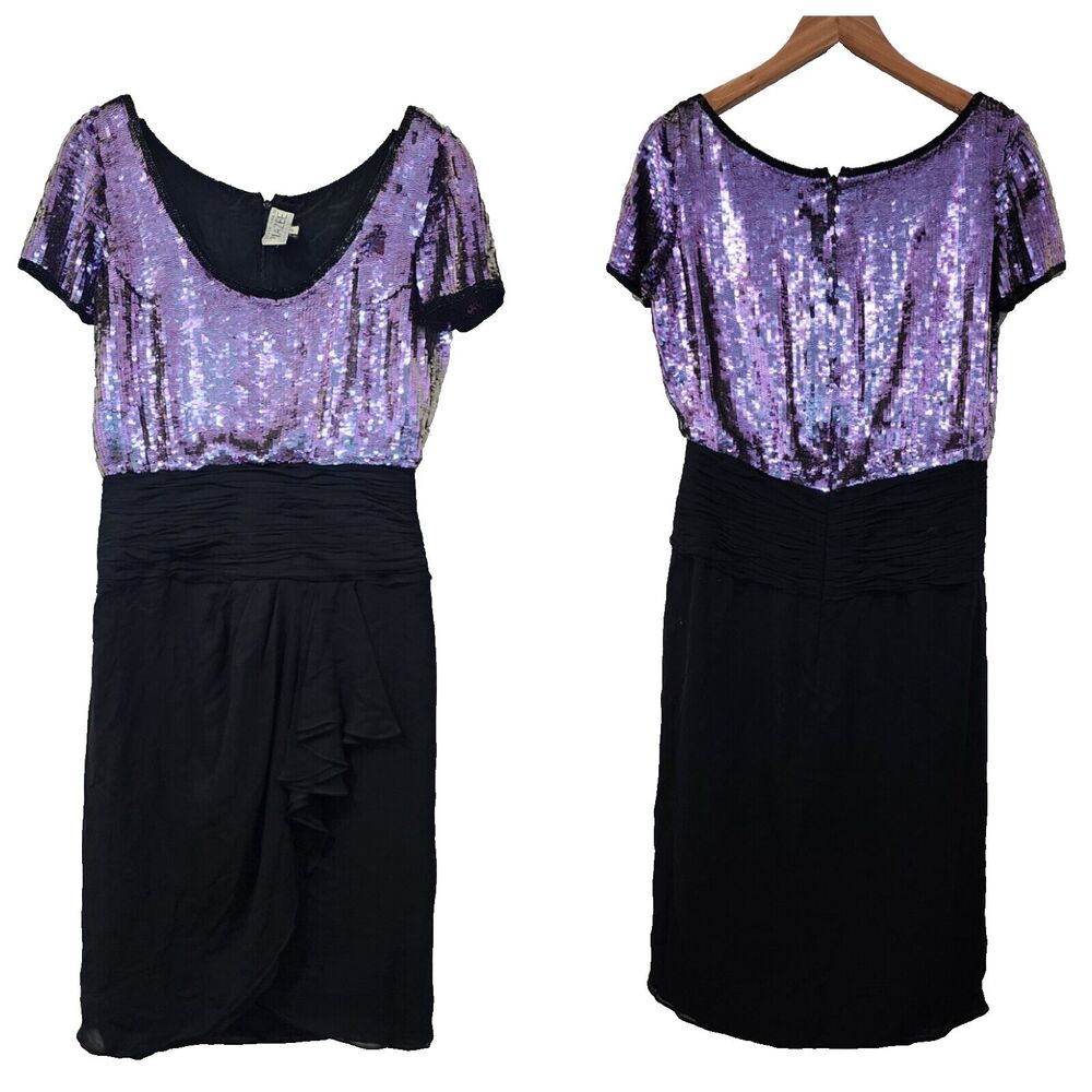 Vintage Naeem Khan Riazee Silk Sequin Dress *FLAW* Black Lavender Faux Wrap 10